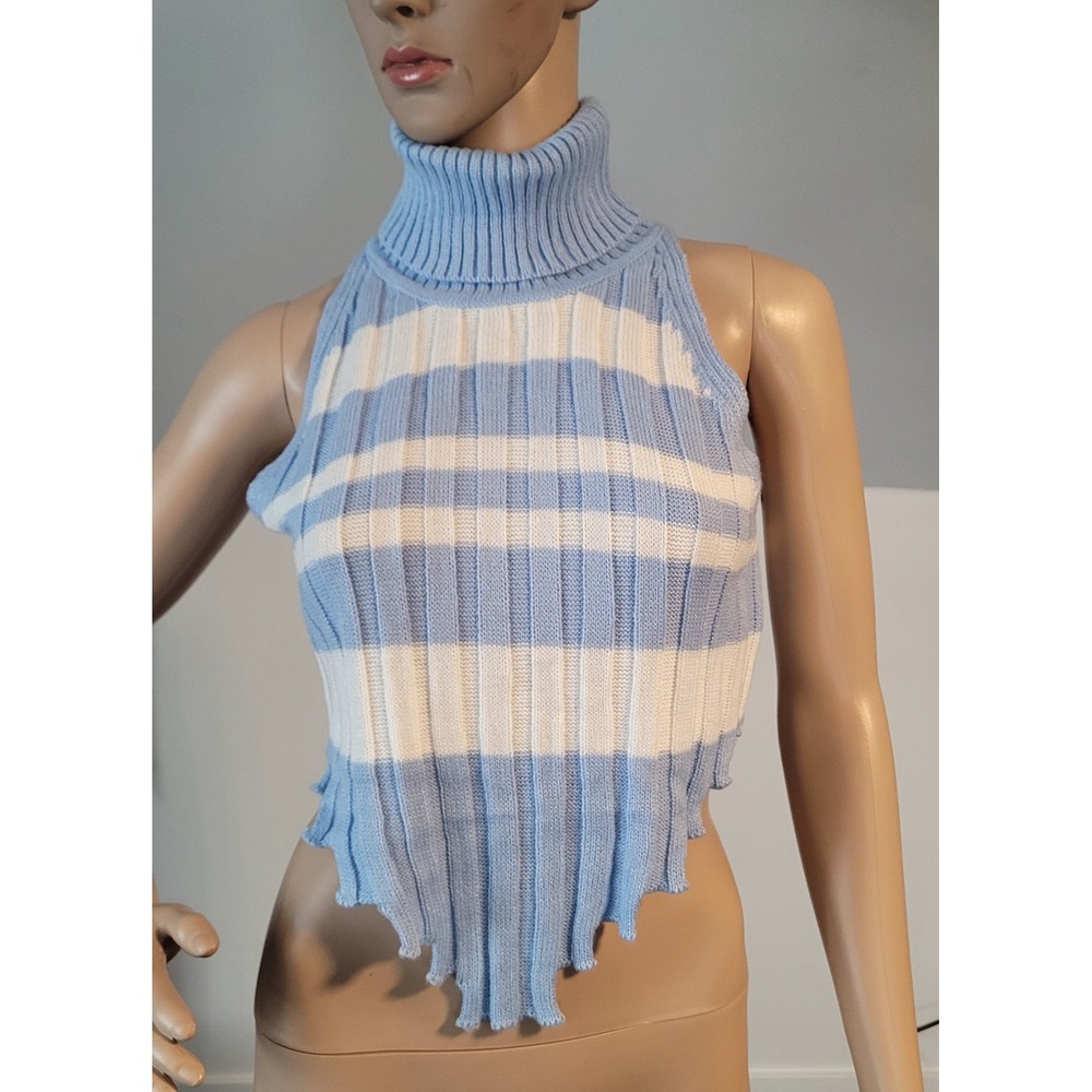 Montage Beverly Hills Blue White Rib Knit Halter Turtleneck Top NWT Size M